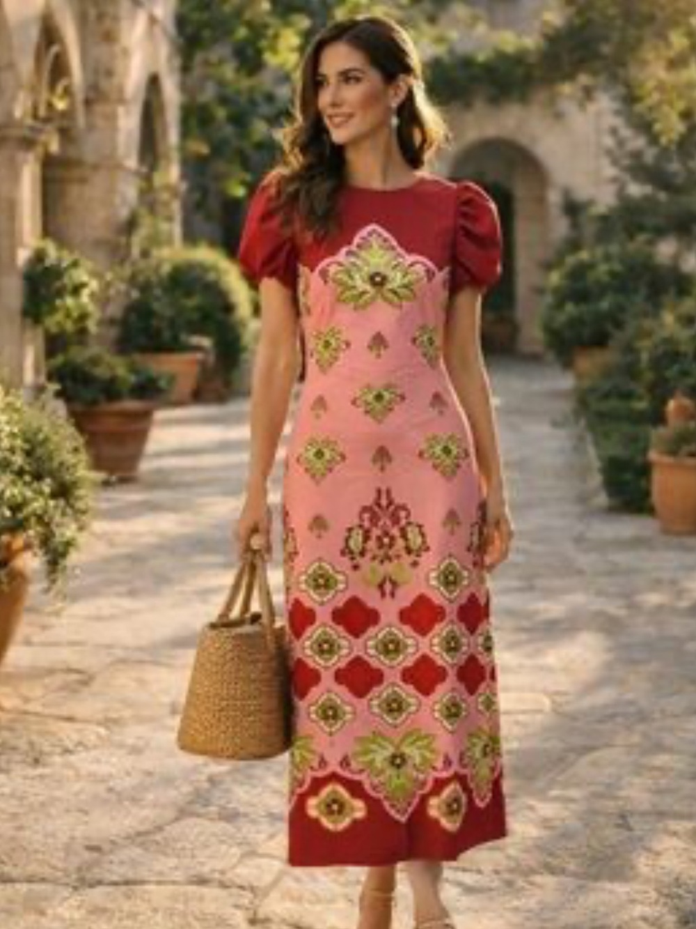 NWT Mestiza New York Perla Flamingo Flourish Crew Neck Short Puff Sleeve Dress